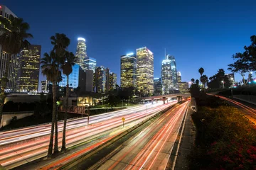 Peel and stick wall murals Highway at night Downtown Los Angeles at night with light trails