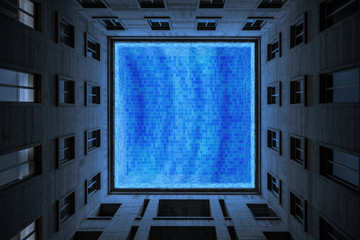 Surrealistische Komposition, Simmingpool im Himmel eines Hausinnenhofes