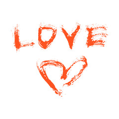 The word love and red heart drawn with a brush