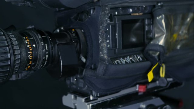 Studio camera at a broadcast news studio. 4K.