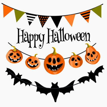 Happy Halloween greeting card with garlands, pumpkins and bats. Vector illustration