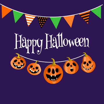 Pumpkin lanterns with flags, Halloween greeting, invitation card, vector illustration