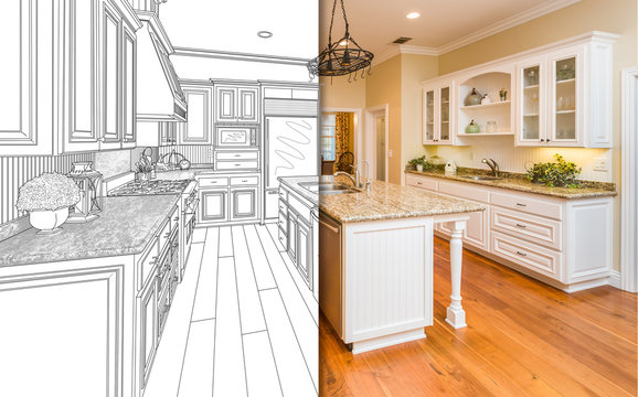 Split Screen Of Drawing and Photo of New Kitchen