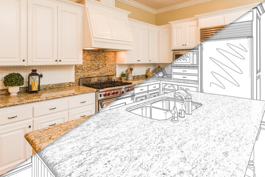 Diagonal Split Screen Of Drawing and Photo of New Kitchen