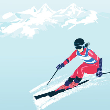 Skiing in the mountains. Illustration that promotes recreation, sports, tourism and travel. Colorful landscape with snow-covered hills and wild coniferous forest.