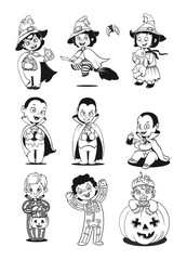 Happy Halloween. Kids in Halloween Costumes. Halloween Coloring Book. Illustration for children vector cartoon characters isolated on white background