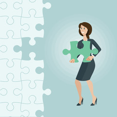 Businesswoman hold a right jigsaw puzzle part