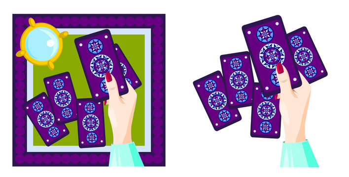 Fortune-teller holds in hand tarot card. 