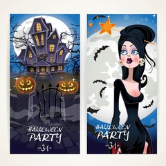 Fototapeta na wymiar Vertical banners for Halloween party with Witch and her home on
