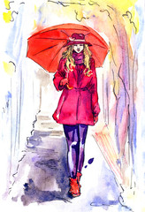 Beautiful woman in red walking in rainy day in park with umbrella, hand painted watercolor illustration