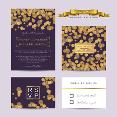Elegant wedding set with rsvp and save the date cards, decorated with golden glitter.