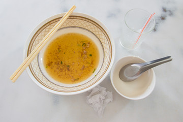 Empty bowl and glass on the table with chopsticks and spoon