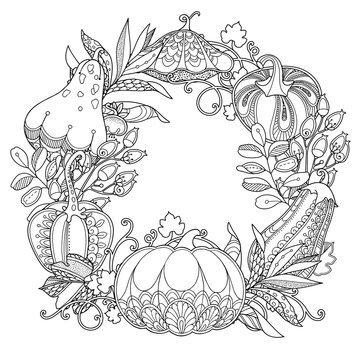 Vector garden wreath round frame in doodle style