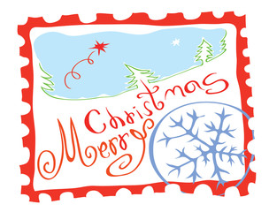 Merry Christmas and fulfillment of dreams/ Vector stamp with the stamp of unusual snowflakes on snow background, trees and greetings 