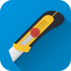 Vector illustration. Toy construction utility knife in flat design with long shadow. Square shape icon in simple design. Icon vector size 1024 corner radius 180