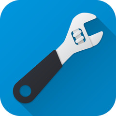 Vector illustration. Toy adjustable wrench in flat design with long shadow. Square shape icon in simple design. Icon vector size 1024 corner radius 180