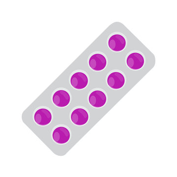 Vector illustration purple pills blister. Tablet strip icon. Round pills in a blister pack