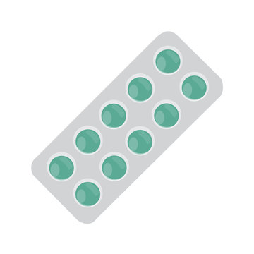 Vector illustration green pills blister. Tablet strip icon. Round pills in a blister pack