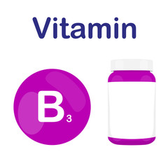 Vitamin B3 B 3 with bottle of pills tablets capsules. Red circle. Isolated icon. Vector illustration