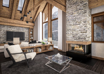 3D rendering of  living room of chalet