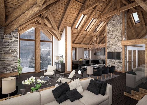 3D rendering of  living room of chalet