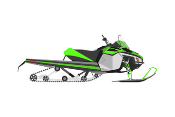 Green snowmobile on a white background. Transport for extreme wi