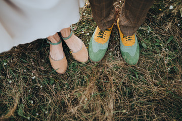 The bride in a dress and shoes, groom in shoes are standing on the grass in the field