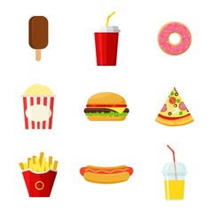 Set of colorful Fast food vector icons isolated on white background. Fast food hamburger dinner and restaurant, tasty fast food meal and unhealthy fast food classic nutrition in flat style.