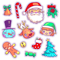 Neon patch badges of different Merry Christmas attributes. Set of Happy New Year stickers, pins, magnets in cartoon comic style. Santa Claus, snowman, elf, deer, gingerbread man.