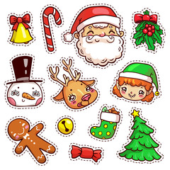 Colorful patch badges of different Merry Christmas attributes. Set of Happy New Year stickers, pins, magnets in cartoon comic style. Santa Claus, snowman, elf, deer, gingerbread man.