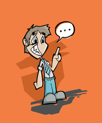 Cartoon illustration of man talking without confidence with a speech bubble