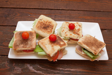Small sandwiches with salmon, cheese and vegetables