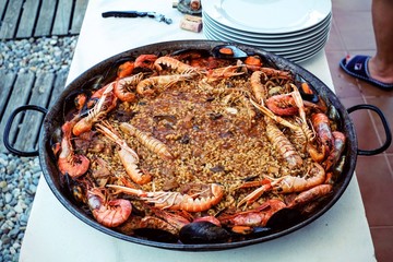 Traditional Paella served at home in Barcelona, Spain
