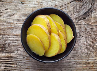 Bowl of potato slices from above
