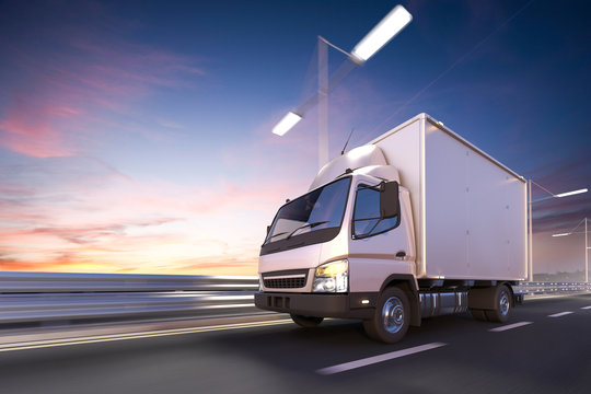 3d rendering of delivery truck on the road at dawn