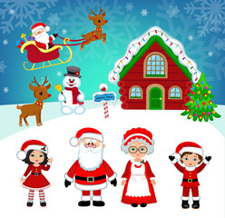 Beautiful winter landscape Santa's house. Santa and friends. Raster copy.