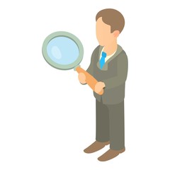Businessman holding magnifying glass icon. Cartoon illustration of businessman holding magnifying glass vector icon for web