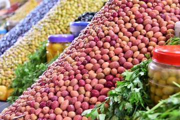 Assorted olives on the arab street market stall