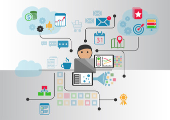 Cloud computing concept as vector illustration. Cartoon person connected to the cloud via notebook and other smart devices