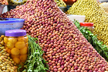 Assorted olives on the arab street market stall