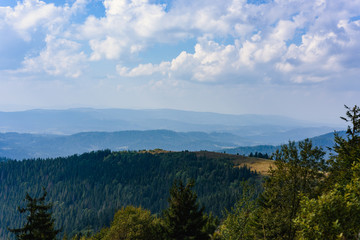 Carpathian Mountains in Summer. Beautiful nature landscape with mountains, trees and blue sky with clouds
