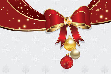 Christmas and New Year background with red ribbon and Christmas baubles. Snowflakes pattern. Print colors used