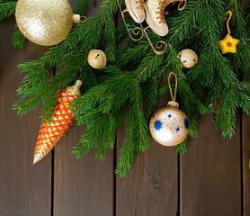 Christmas Decoration on dark brown wooden background
