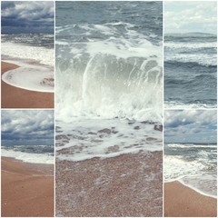 Collage of sea surf images. Summertime. Wild nature.