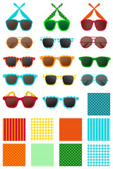 Sunglasses illustration. Seamless repeating pattern set. Colorful glasses. Polka dot, stripe and gingham patterns. Summer, beach, vacation icon, stickers, symbol for scrapbooking, cards, and more.