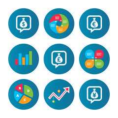 Money bag icons. Dollar, Euro, Pound and Yen.