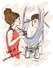 Illustration for the book. Look at yourself inside. The girl does makeup. Displays in the mirror. Mystery around us. Third Eye