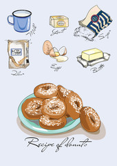 Illustration for the book. Recipe of donuts. Ingredients for donuts. Painted recipe