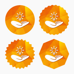 Idea insurance sign. Hand holds lamp bulb symbol.