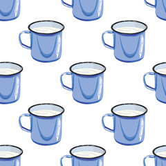 Illustration for the book. Seamless pattern. Mug with water. A cup of milk. Blue steel mug